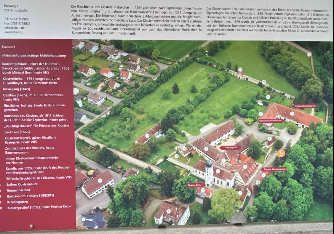 Luftbild mit beschrifteten Gebäuden der Klosteranlage Inzigkofen