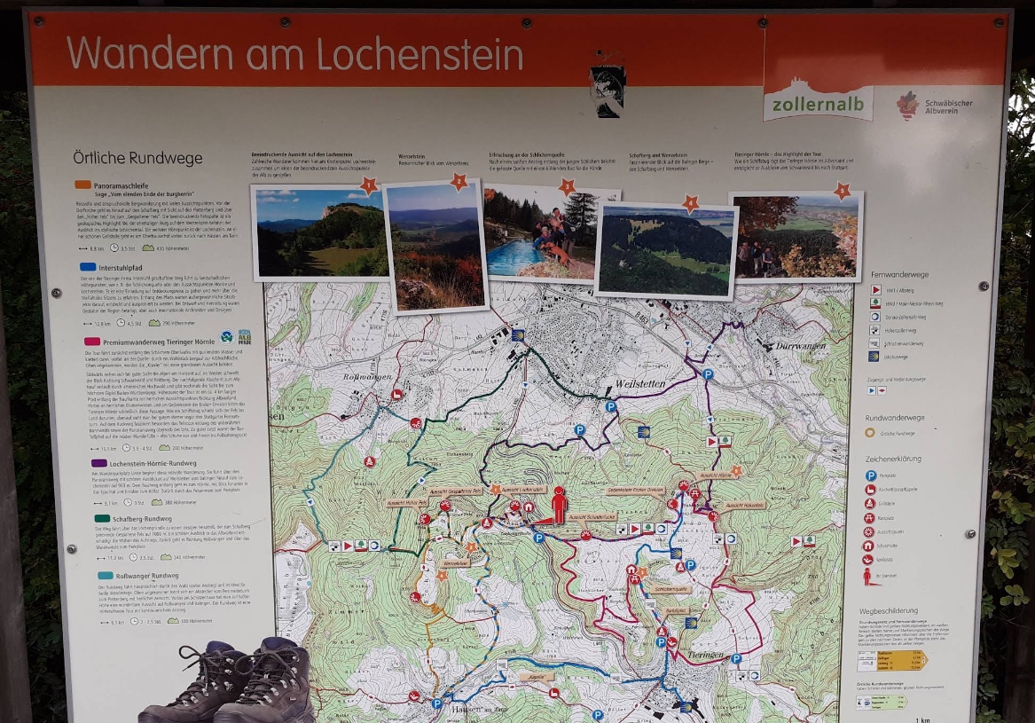 Wandertafel Wandern am Lochenstein Schwäbische Alb Übersichtskarte Wanderwege Lochenpass bei Balingen