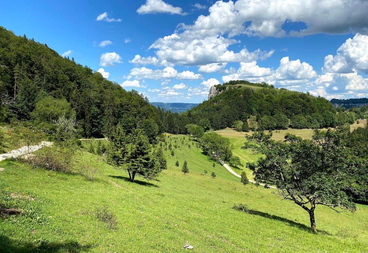 Lochenpass Schwäbische Alb Sommeransicht mit Blick auf den Lochenstein und grüne Wiesen im Lochengründle