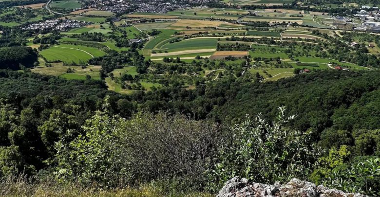 Panoramablick vom Rossfeld auf Metzingen mit Feldern, Wäldern und Schwäbischer Alb