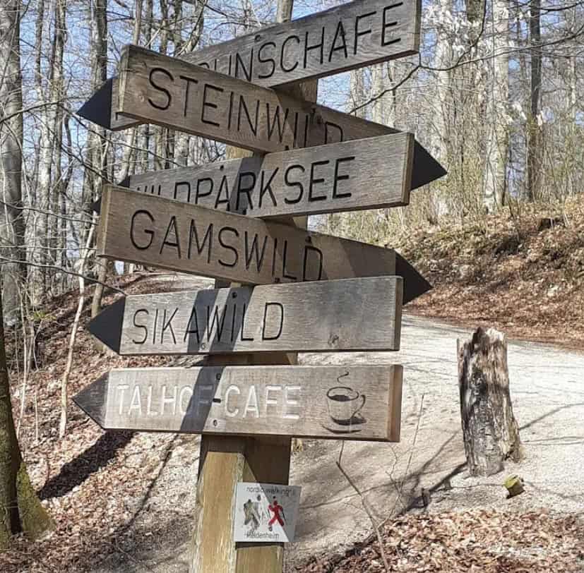 Holzwegweiser mit Richtungsangaben zu verschiedenen Tiergehegen